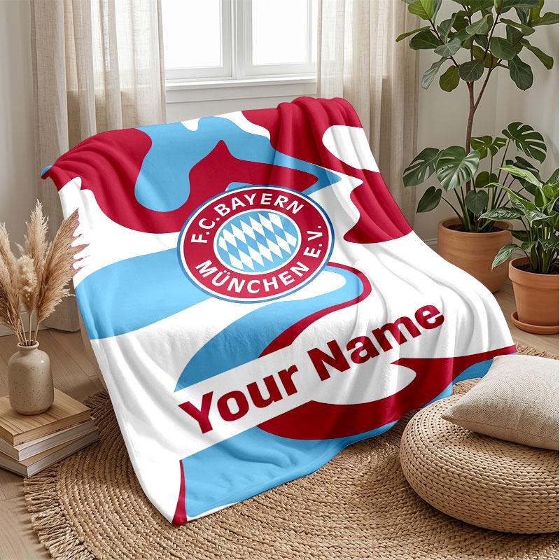 Bayern Munich Custom Name Text Flannel Blanket Soccer Logo Personalized Fleece Throw Blanket Special Gift For Sofa Bedroom Home