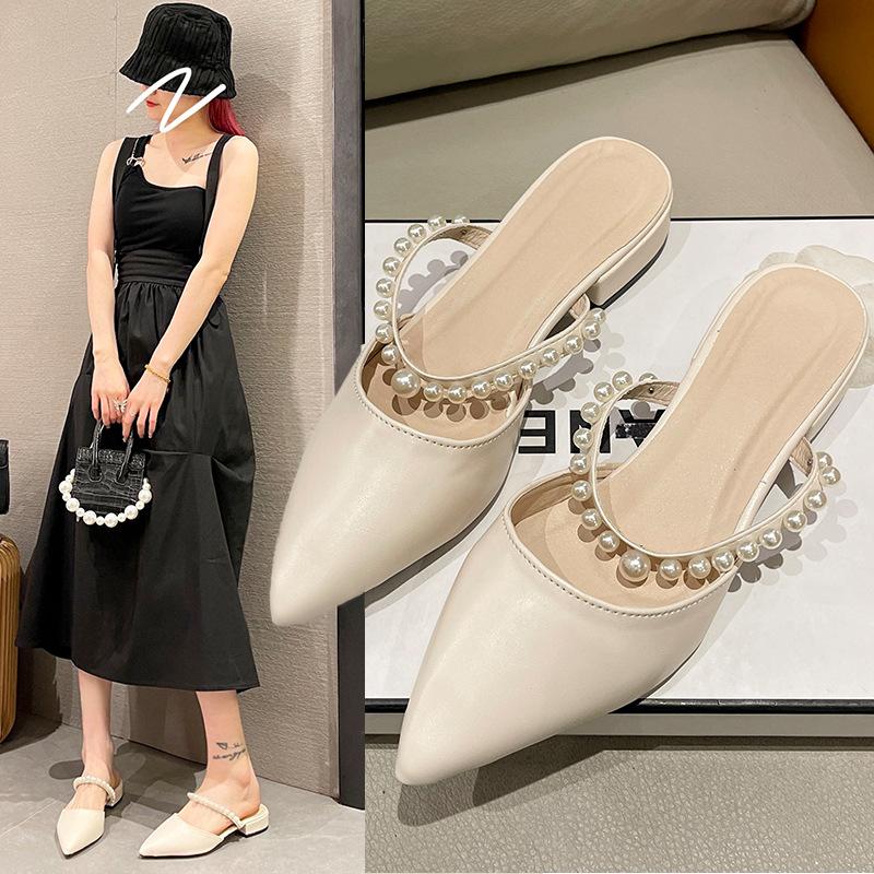 High heels women's summer 2025 new pointed head half pack thick heel sandals women's bag head low heel light mouth versatile slippers