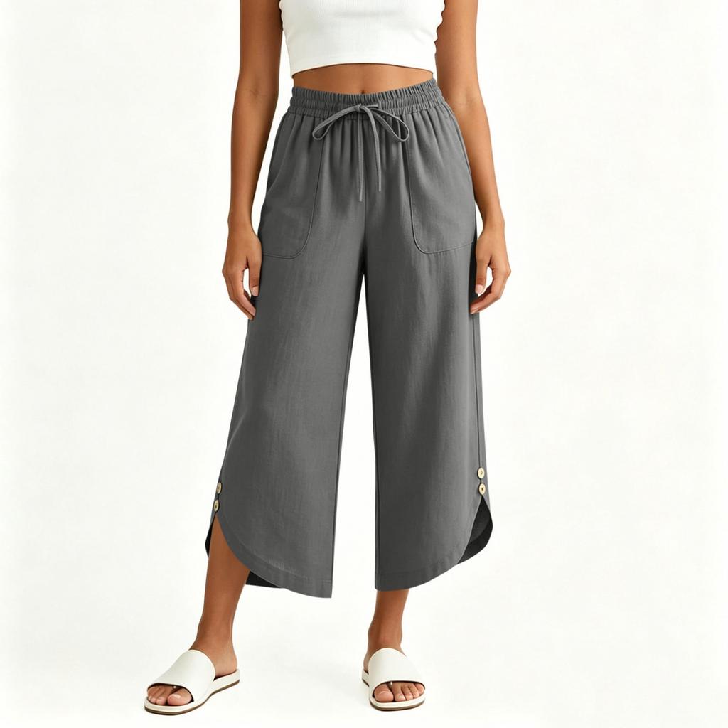 Women Casual Elastic Waist Drawstring Pants with Pockets Side Button Detail Relaxed Fit Cropped Trousers for Everyday Wear