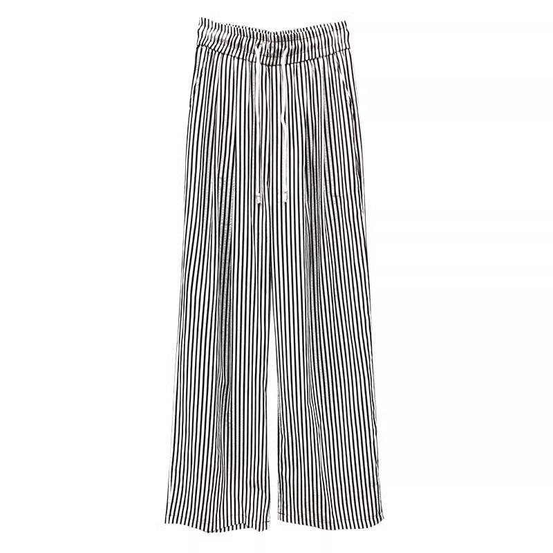 Women's Summer Striped Tie-Waist Wide-Leg Pants - Petite Fit, 145cm, Casual Lazy Style