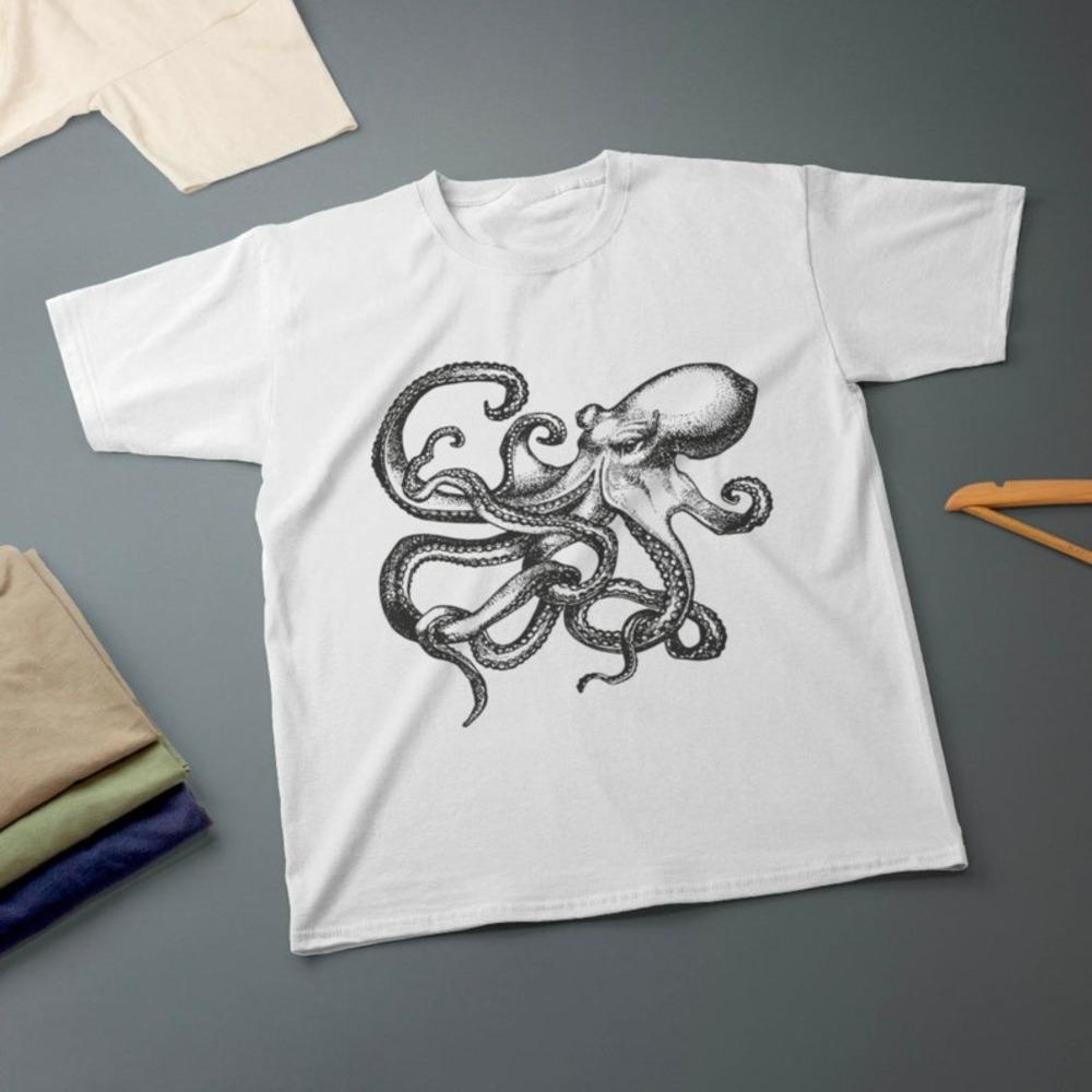 Vintage Octopus Science Illustration Graphic T Shirt Men WomenRetro Marine Biology Nautical Steampunk Octopus Casual Cotton Top S белый