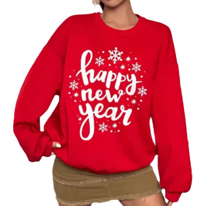 Simple Letter Happy New Year Christmas Hoodie - Autumn/Winter Long Sleeve Round Neck