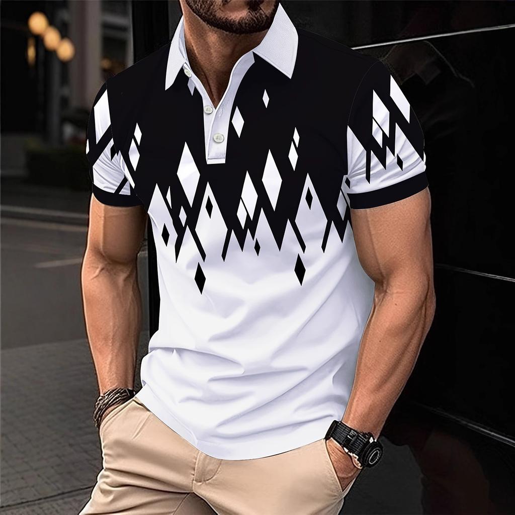 Casual Essential: Geometric Print Short Sleeve Polo Shirt for Men