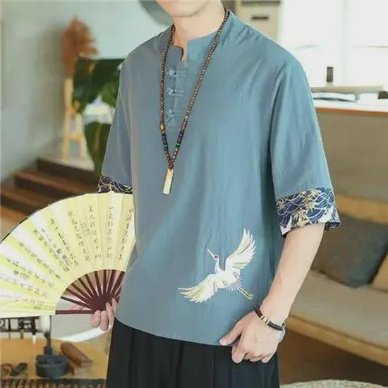 Men's Chinese Style Crane Embroidered Cotton-Linen Short-Sleeve T-Shirt