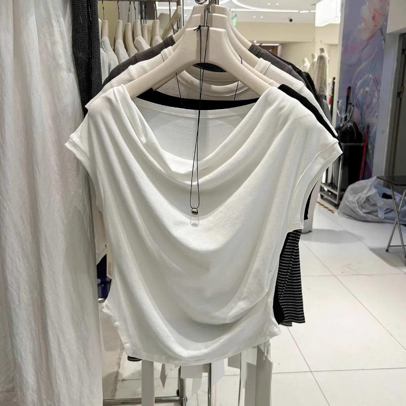 Summer Women Cowl Neck Sleeveless Ruched Slim Fit Casual T Shirt S