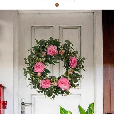 Spring Wreath for Front Door Artificial Pink Flower Floral Garland Home Decor 21.65"
