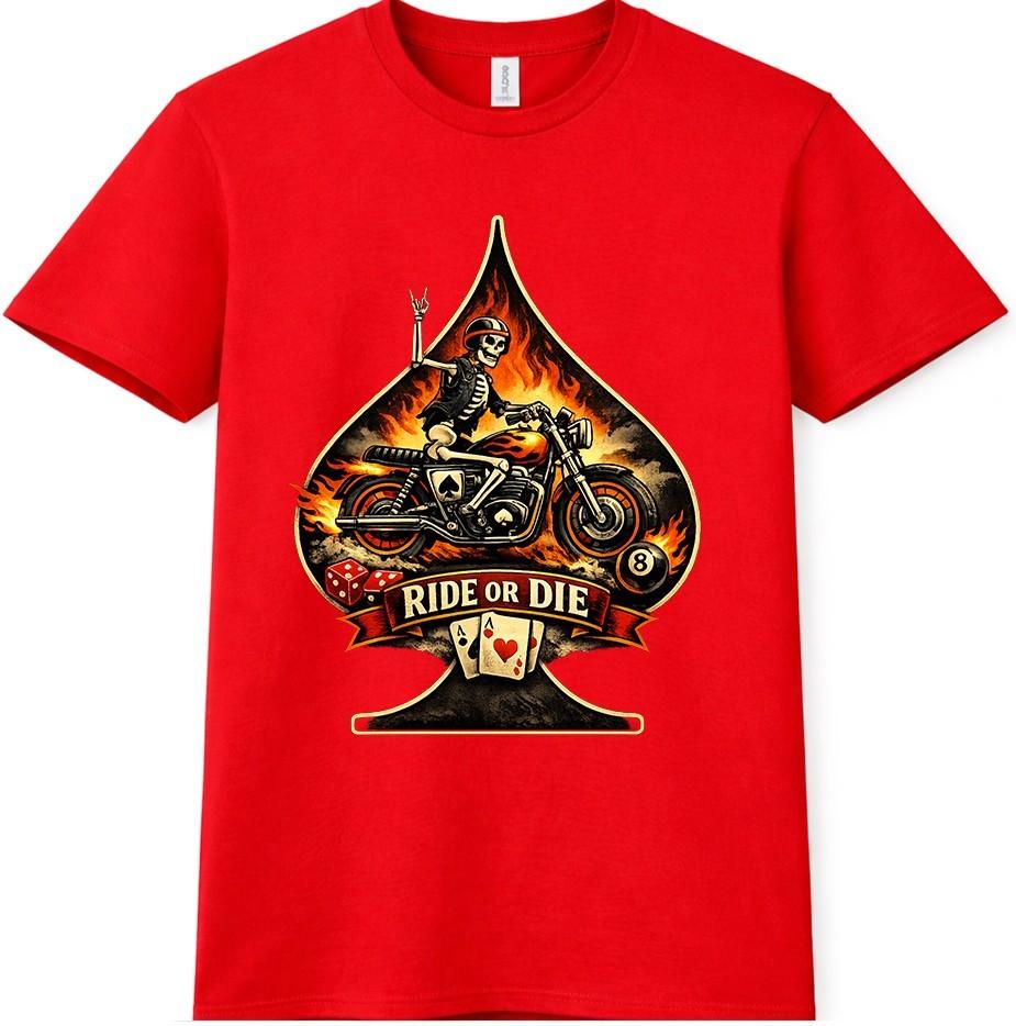 Skeleton Biker T-Shirt Motorcycle Spade Cards Dice Gambling Tattoo Gift Tee 4XL
