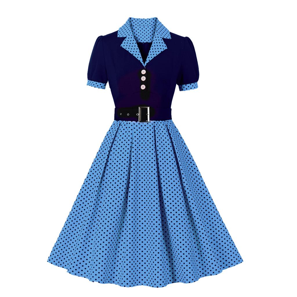Wiosna i Jesień Moda Europejska i Amerykańska Odzież Damska Grochy Talia Retro Spódnica z Dużym Kołem Sukienka Codzienna