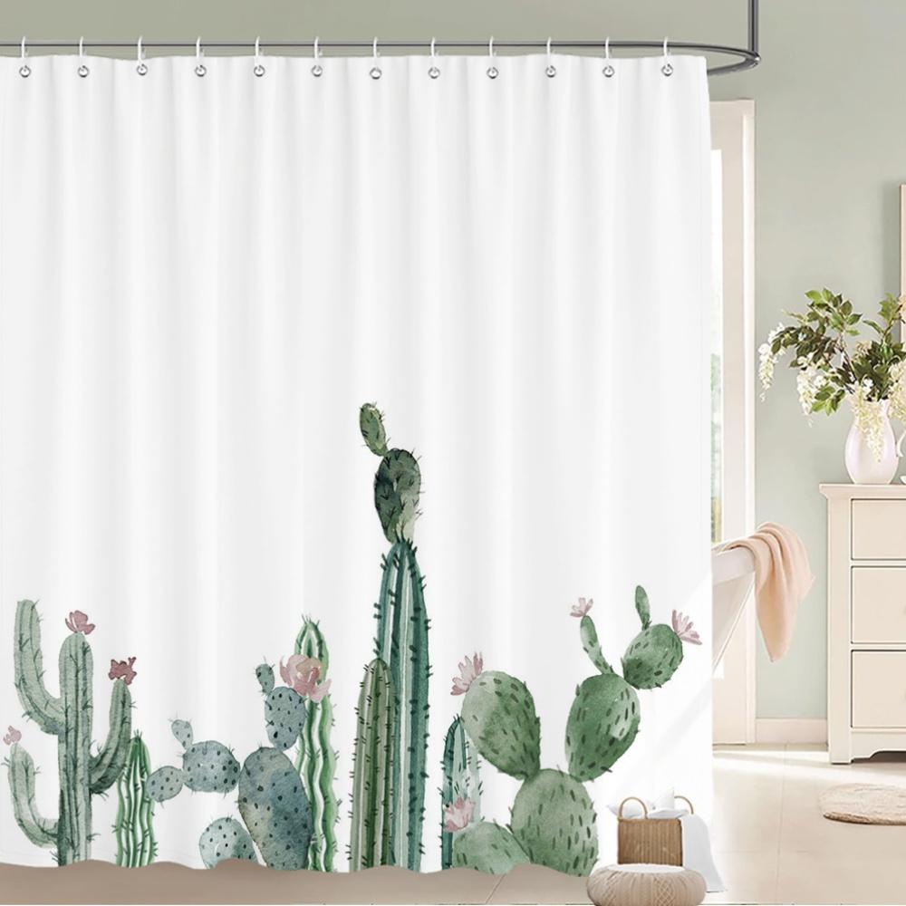 

Watercolor Cactus Shower Curtain – Succulent Garden, Light Green & Pink, 12 Hooks, 70.8×70.8 In, Polyester, Machine Washable W60H190(CM)-1 Pcs