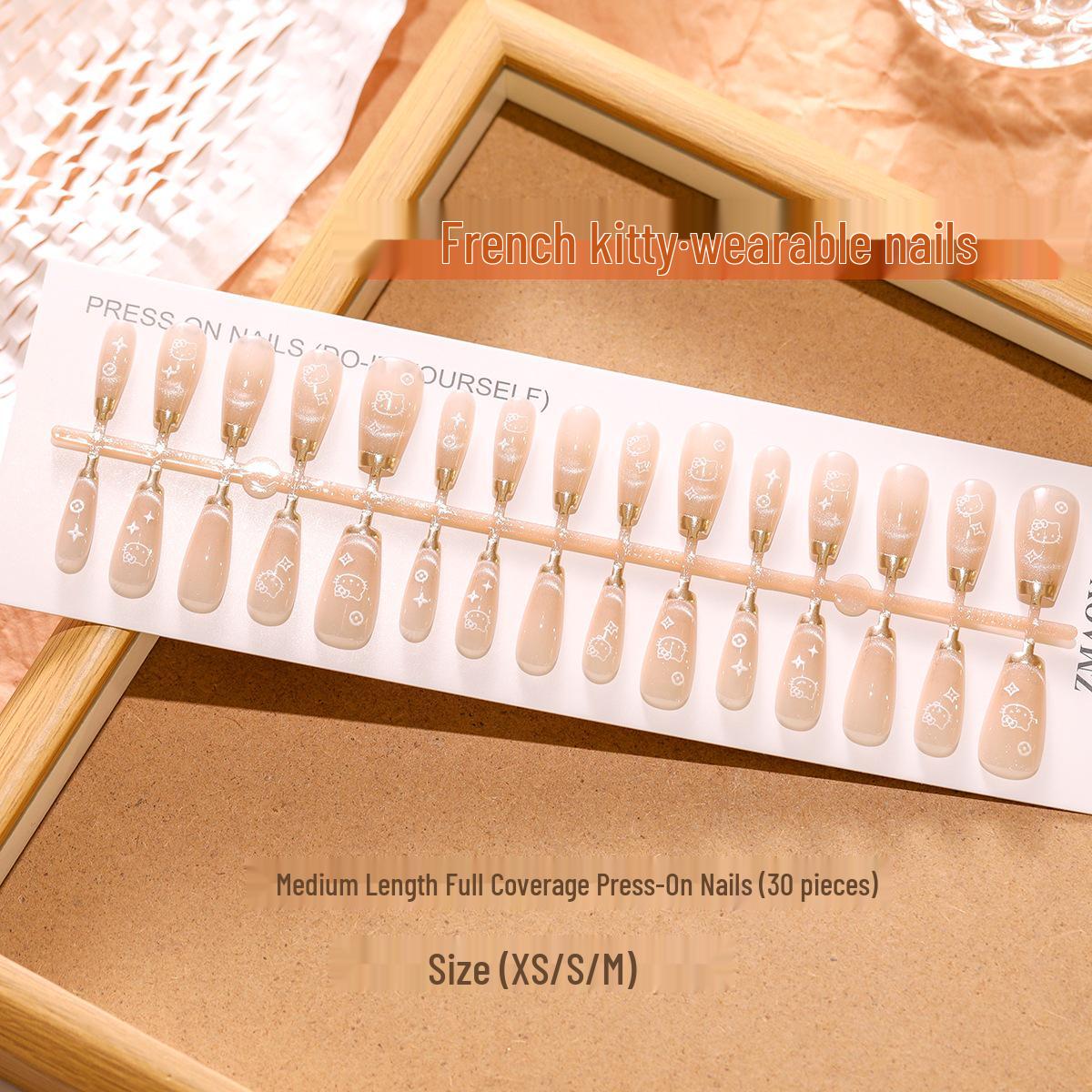 

T456 Magic Mirror French Cat Eye Press-on Nails, 30-Piece Set, Medium Tapered, XS/S/M Sizes Full Set M/M/M