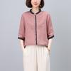 Summer 2025 Retro Embroidered Ramie Blouse: Women's Chic Color Block Age-Reducing Shirt