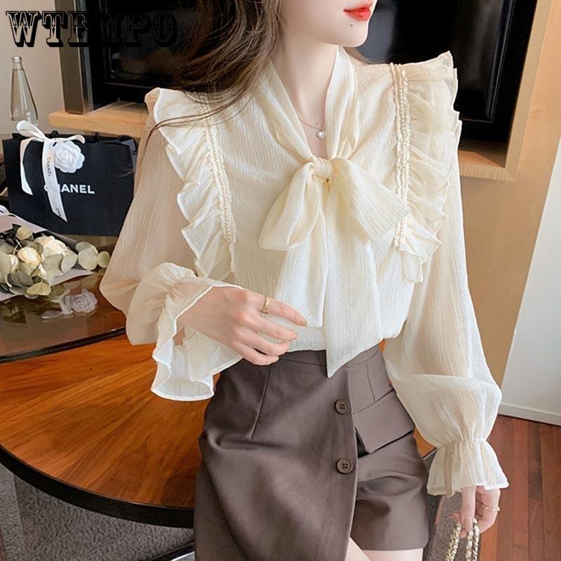 French Bowknot Lace Chiffon Shirt Spring Autumn Women's Shirt Fashion Versatile Ruffle Backing Shirt Top