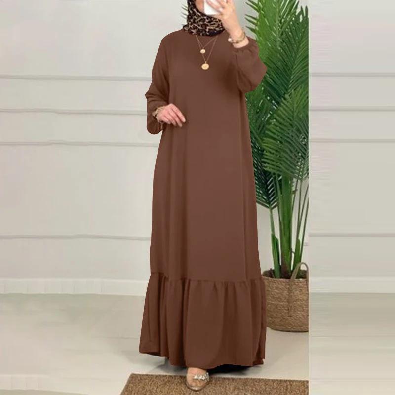 Elegant Puff Sleeve Solid Color Arabic Long Dress with Ruffles