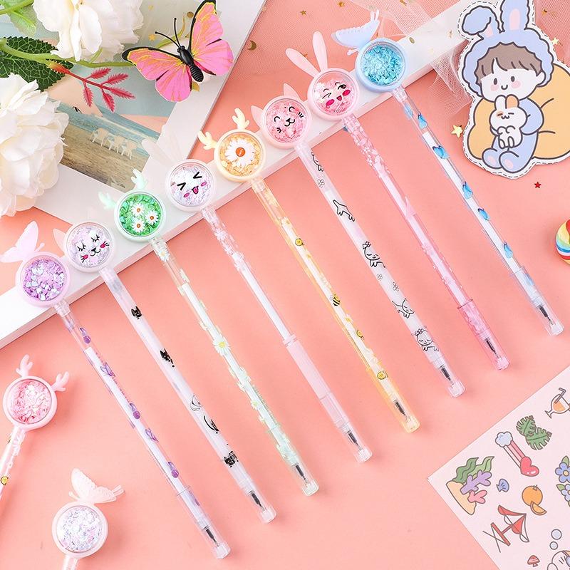 3Pcs Kawaii Butterfly Bunny Kitten Moon Sequin Neutral Pen Cute Cartoon Pen Black Ink Student Office School Stationery