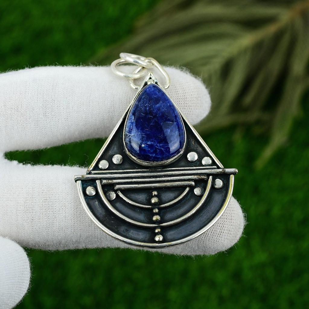 Pear Sodalite Stone Sterling Silver Bezel Art Deco Birthday Sister Boho Pendant