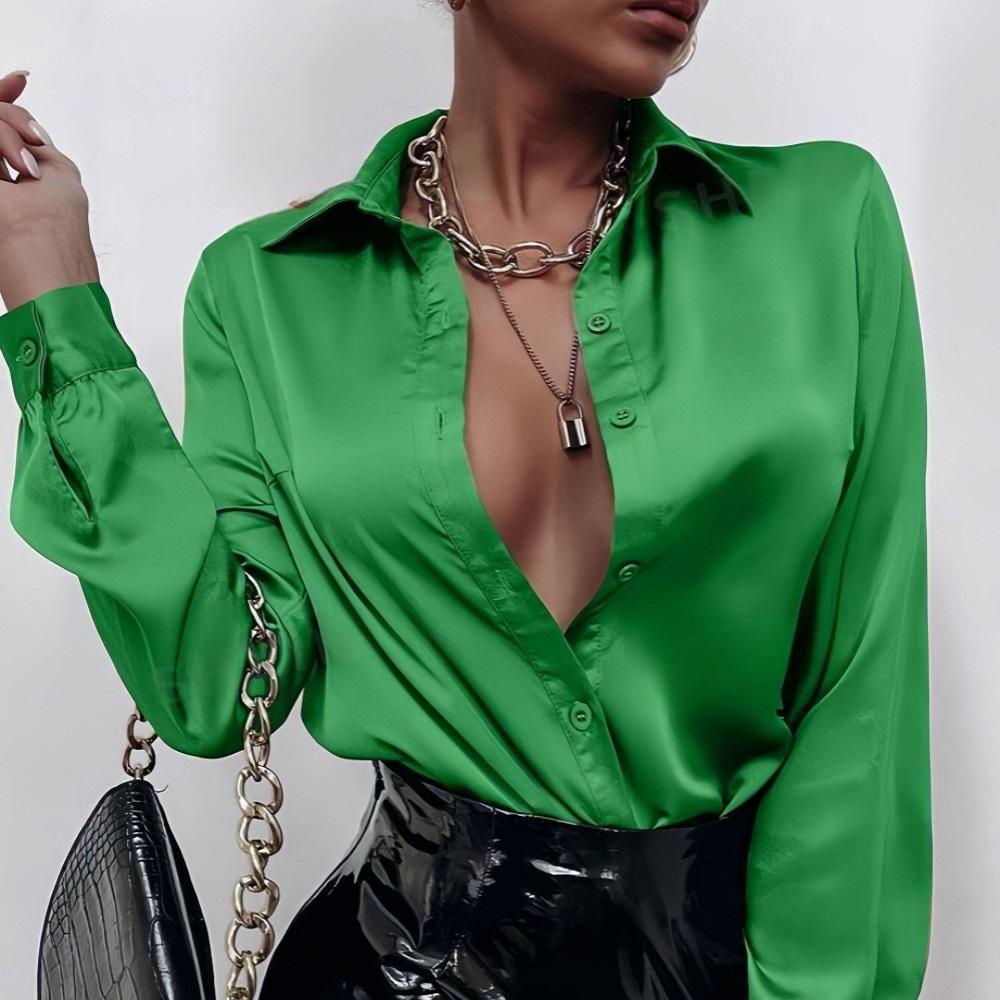 

Женские блузки и рубашки весна-лето Элегантные атласные повседневные рубашки с длинным рукавом из искусственного шелка Однобортные базовые топы M зелёный