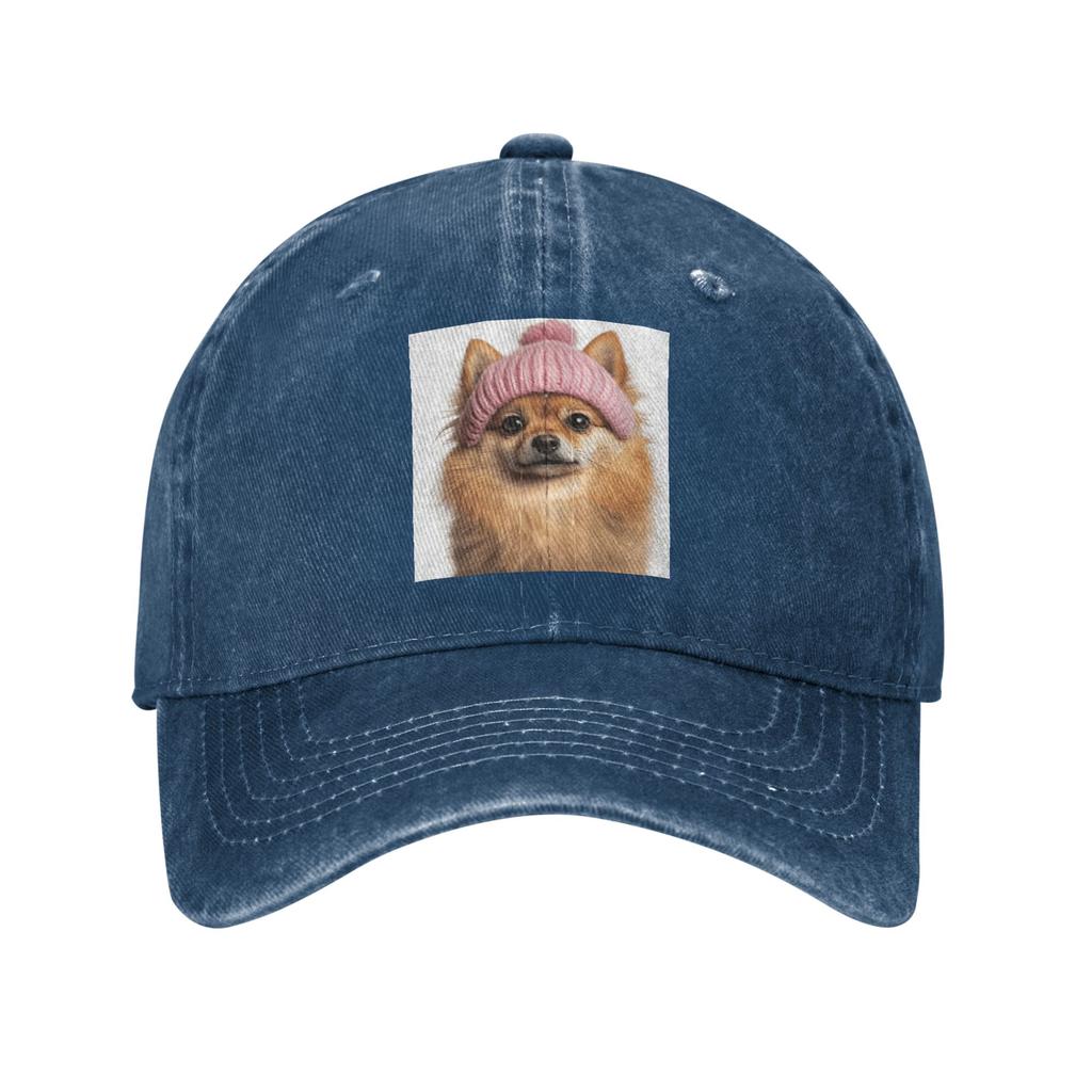 Cozy Pomeranian Dog Wearing Pink Winter Hat Trendy Animal Denim Fabric Cap Baseball Caps Adjustable Hat Unisex Baseball Hats