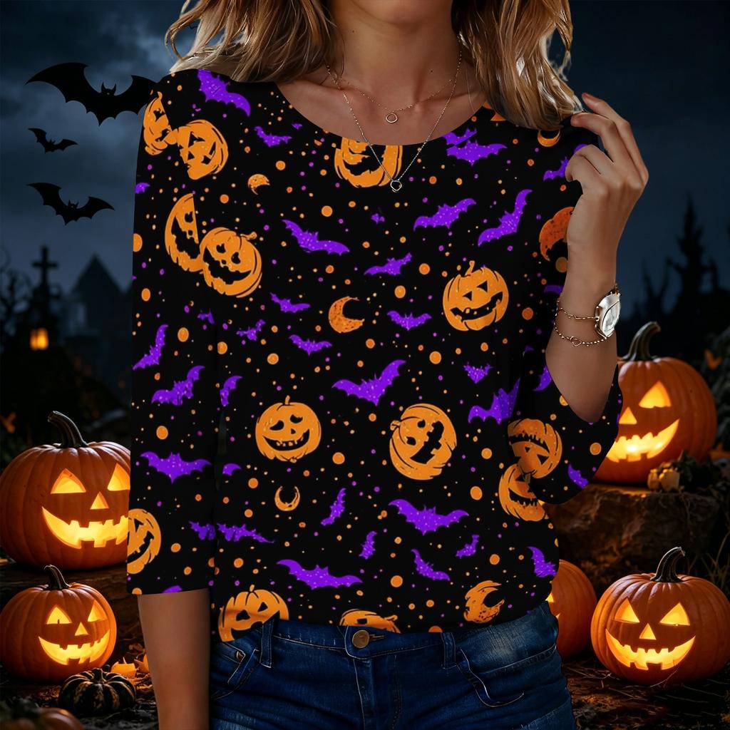 Women's Casual Halloween Print Round Neck Three Quarter Sleeve T Shirt Top Lightweight Comfortable Fit for Seasonal Wear