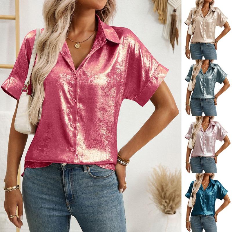 Women Lapel Short Sleeve Shirt Metallic Shiny Fabric Single Breasted Loose Vacation Casual Blouse