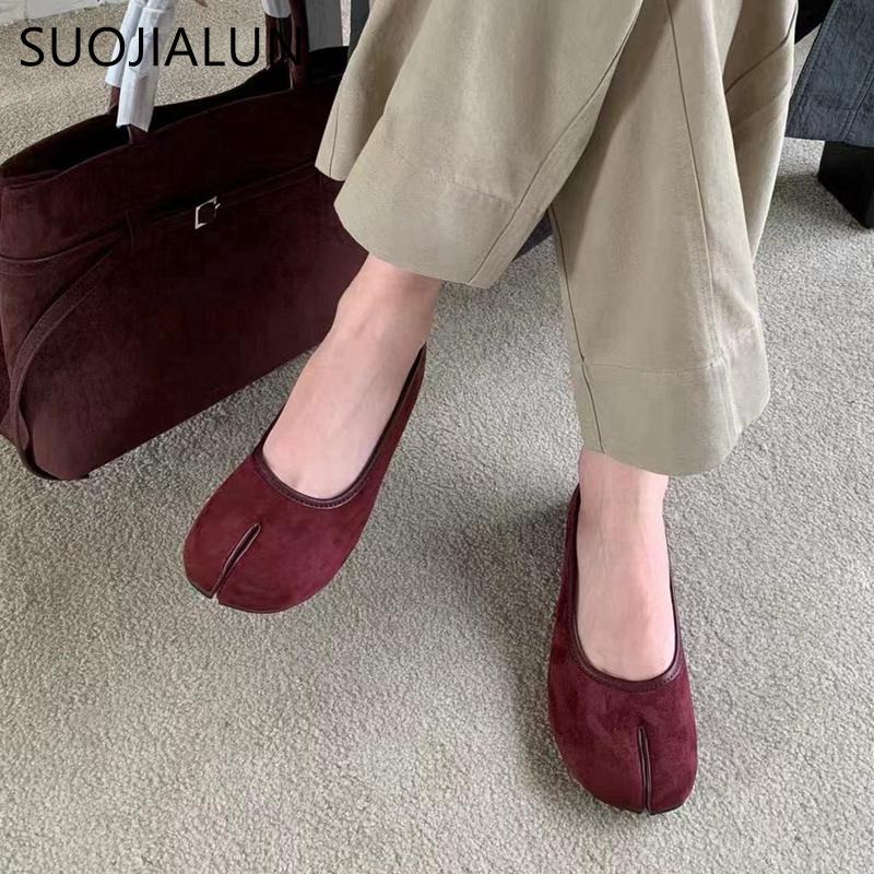 Fashion SUOJIALU 2024 Autumn Women Flat Shoes Fashion Split Toe Slip On Ladies Elegant Baot Shoes Soft Low Heel Outdoor Dress Single Sho