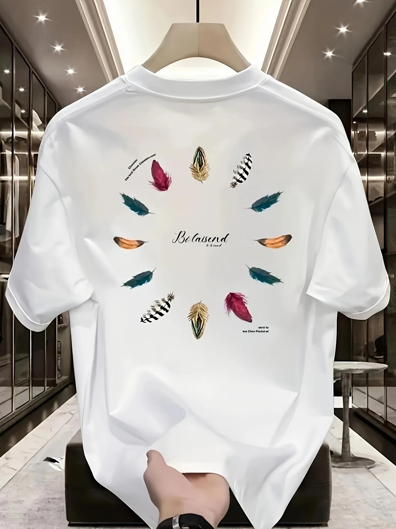 Bohemian Style  feather Wheel  Print Men s T-shirt 100% Pure Cotton Breathable Fashionable Street Style Short-sleeved Top S разноцветный