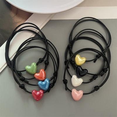 Ceramics Love Heart Bracelet Black Rope Adjustable Hand Bracelet for Girl Women Colorful Shiny Heart Accessories