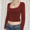 Women's Long Sleeve Square Neck Lace Trim Slim Fit T-shirt