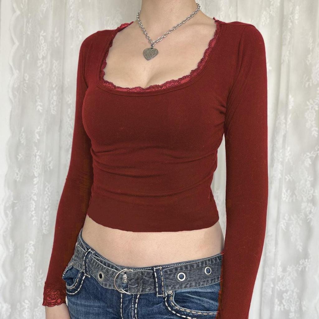 Women's Long Sleeve Square Neck Lace Trim Slim Fit T-shirt
