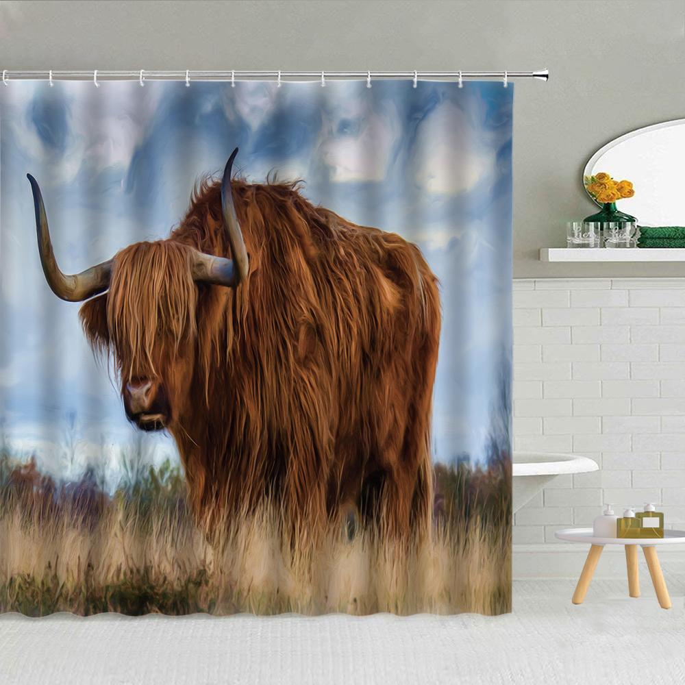Cute Cow Bull Shower Curtain with Hooks Modern Fashion Funny Western Farm Animal Bathroom Curtain Polyester Bath Screen