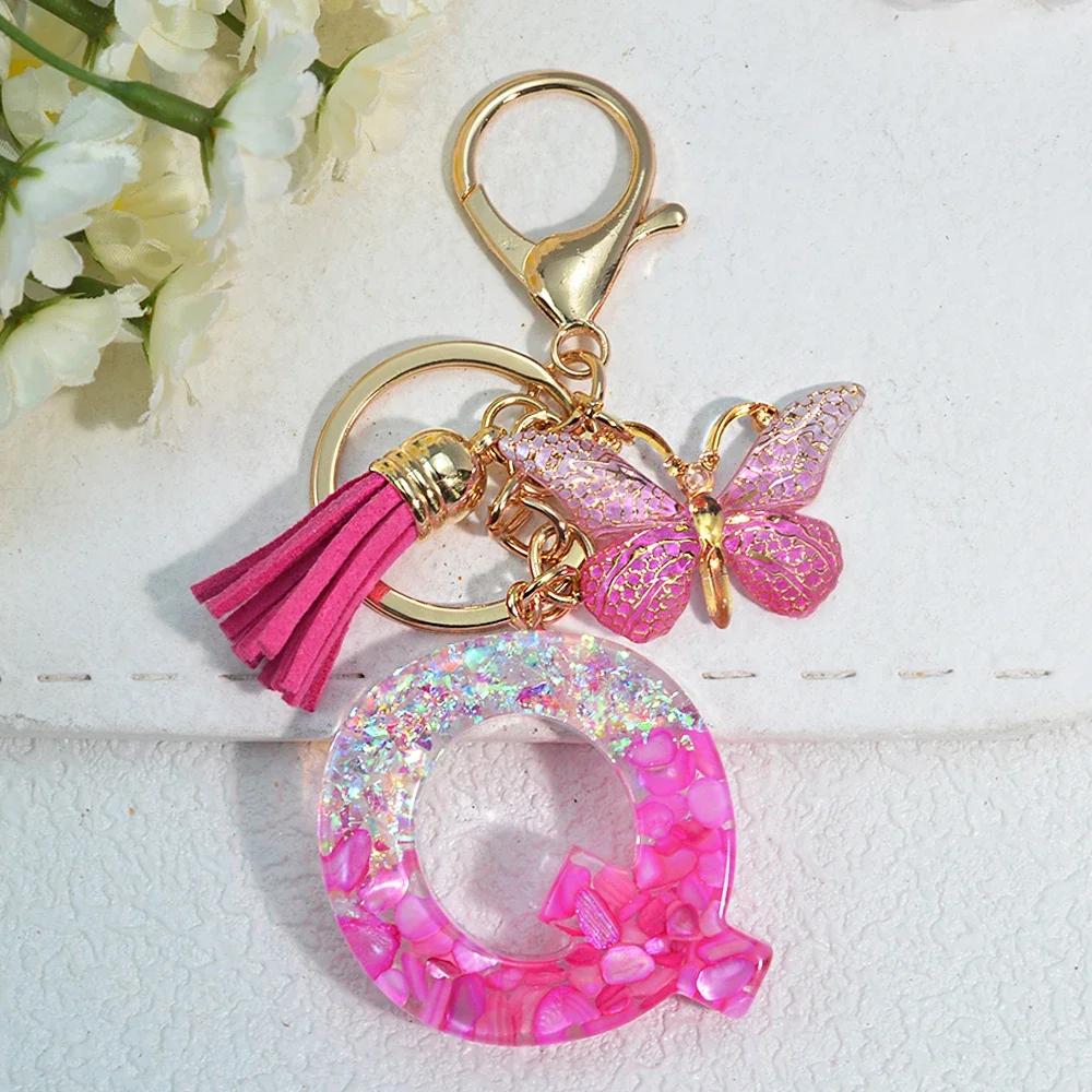 Gradient Pink Jewelry Letter Keyring Resin Letter Keychain with Fringe Butterfly DIY Bag Decoration Pendant Party Gift