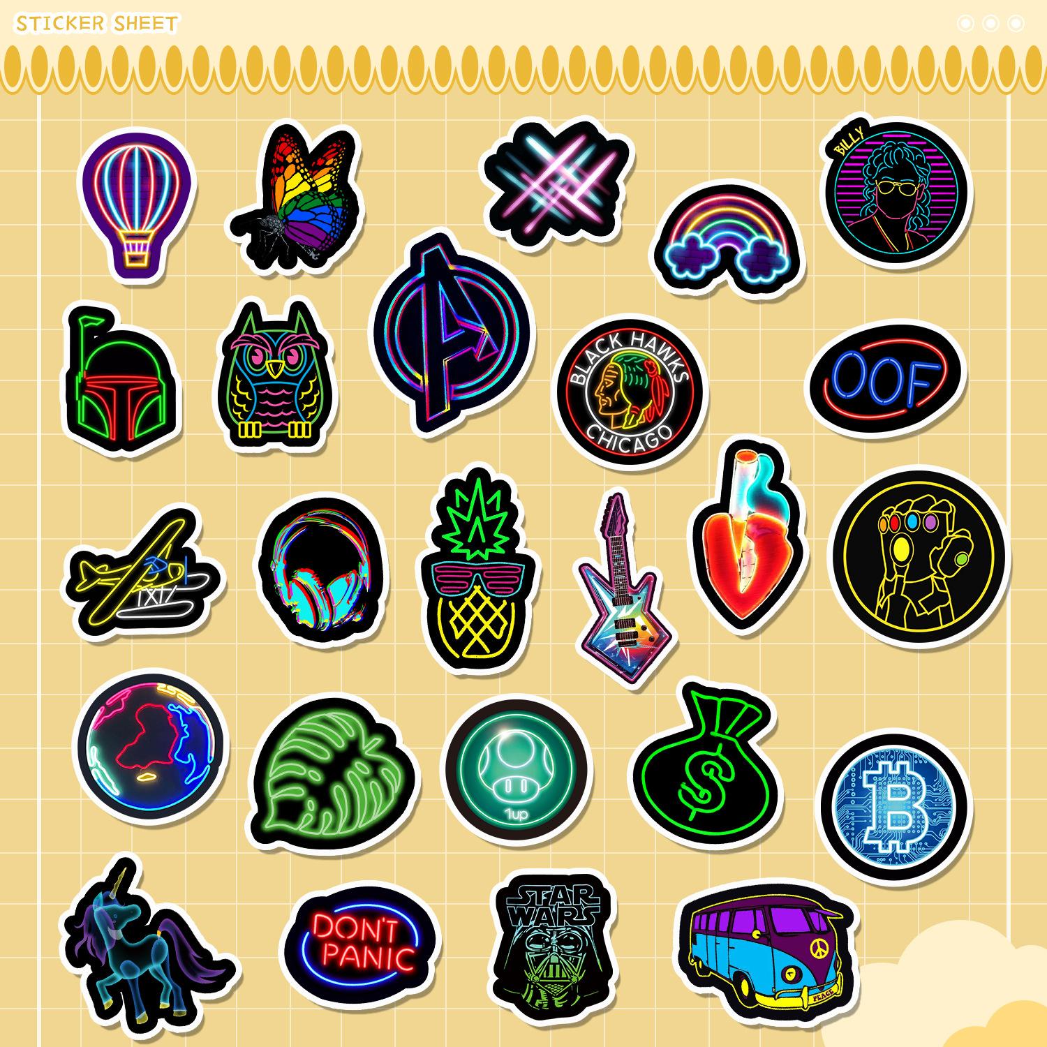 

50 Неповторяющихся неоновых наклеек, наклейки для чашки для воды, мобильного телефона, водонепроницаемые, креативные, наклейки для детского ручного учета