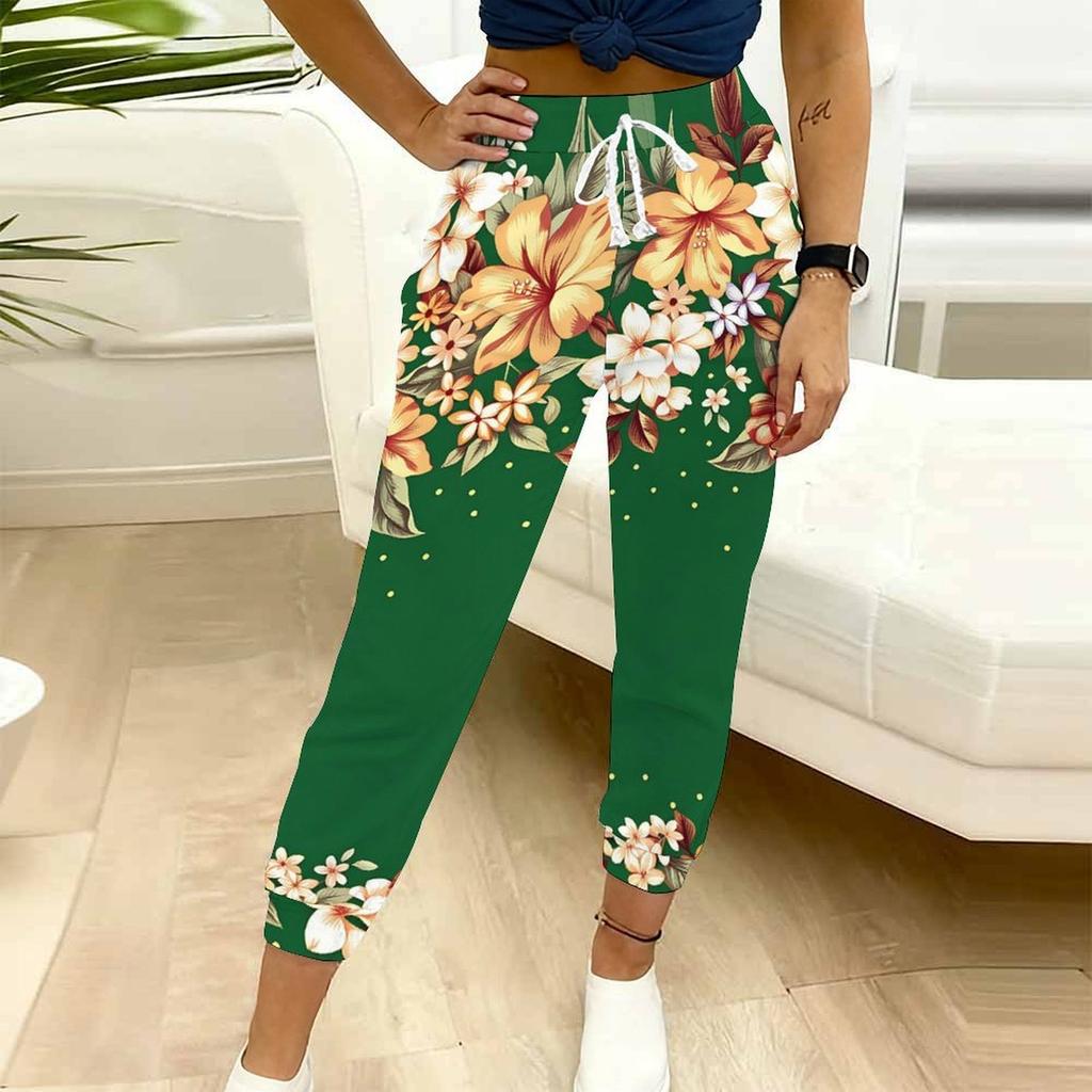 Sommer Damen Blumenprints Bedruckte Jogginghose Lockerer Schnitt Kordelzug Jogginghose Elastischer Bund Tägliche Lässige Hose