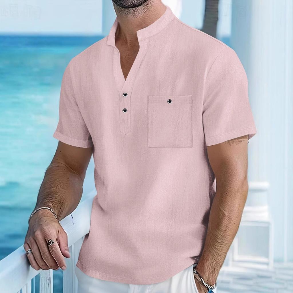 Men's Cotton and Linen Short Sleeved Stand Up Collar Half Buttoned Shirt - Spring and Summer Casual Outdoor Wear