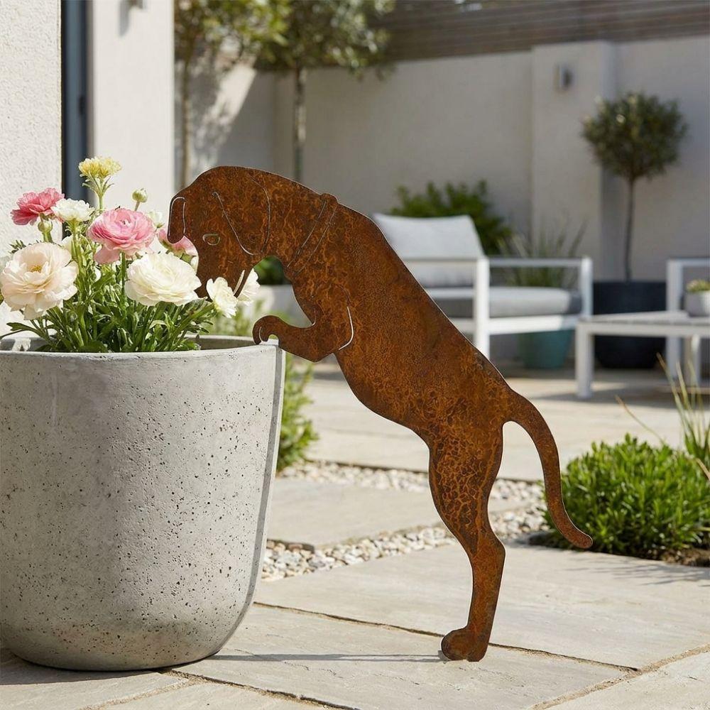 Rusty Finish Metal Dog Garden Statue Rustic Cat Lawn Ornament Dog Pot Hugger Decor  Courtyard