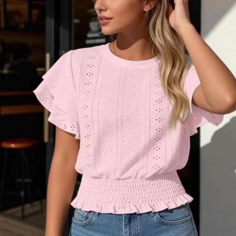 Women Round Neck Eyelet Embroidery Ruffle Sleeve Smocked Waist Casual Blouse Tops