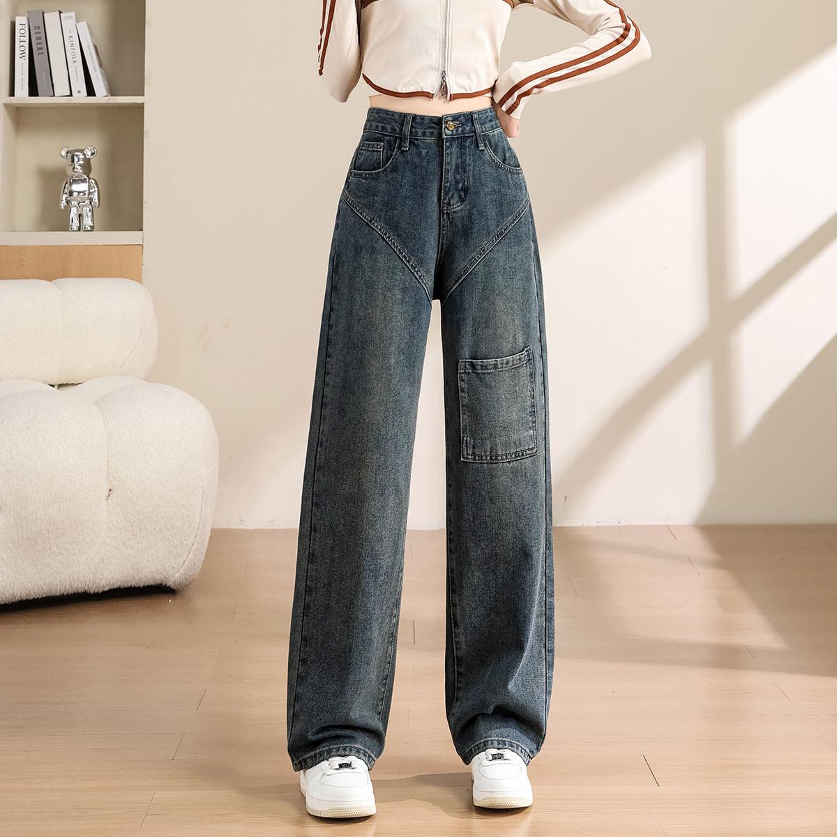 

Women s Retro High-Waisted Wide-Leg Jeans - Petite Slimming Loose-Fit Medium темно-синий