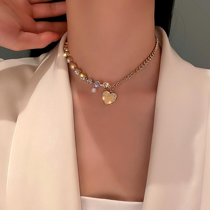 New Fashion 14K Real Gold Heart Crystal Pearl Chain Pendant Necklace for Women High Quality Zircon Jewelry Party Gift