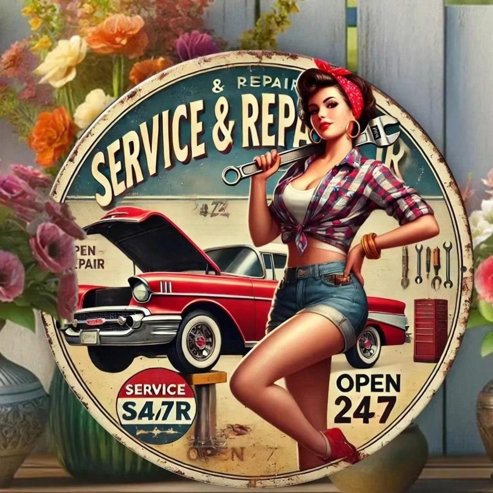 Retro Car Girl Metal Sign, Vintage 2D Wall Art, Waterproof Bar Decor