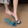 Fashion SUOJIALUN 2025 Summer New Brand Women Slipper Fashion Shallow Slip On Slides Square Toe Thin High Heel Dress Pumps Sandal