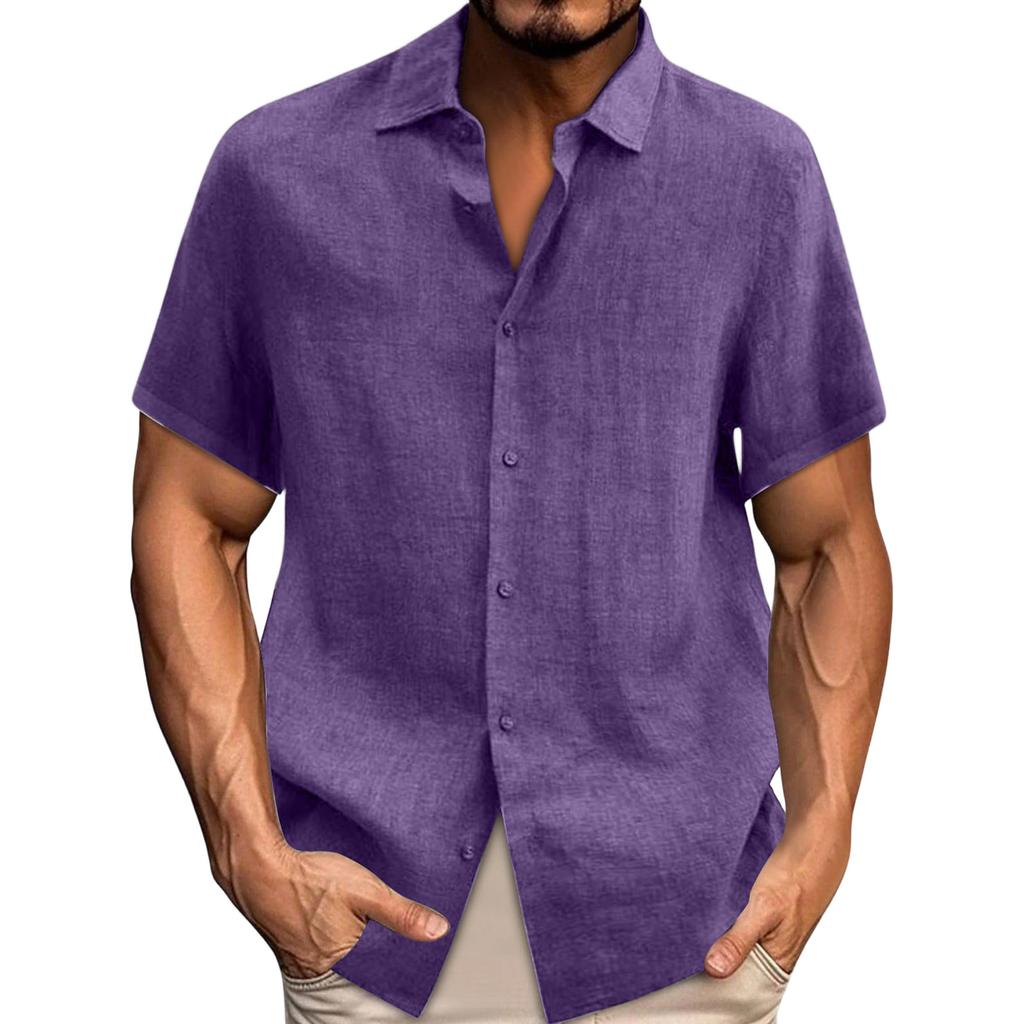 Spring Summer Men's Casual Cotton Linen Color Short Sleeve Shirts Loose Shirts
