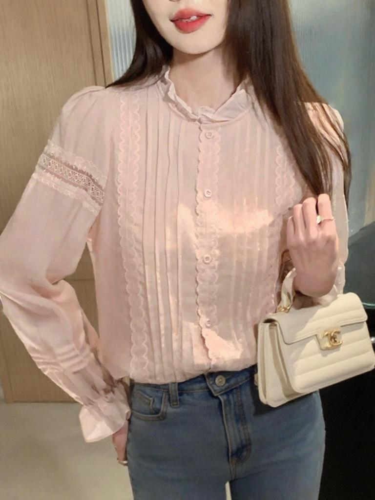 Korean Style High-End Lace Patchwork Lantern Sleeve Shirt for Women - Spring Fashion Top