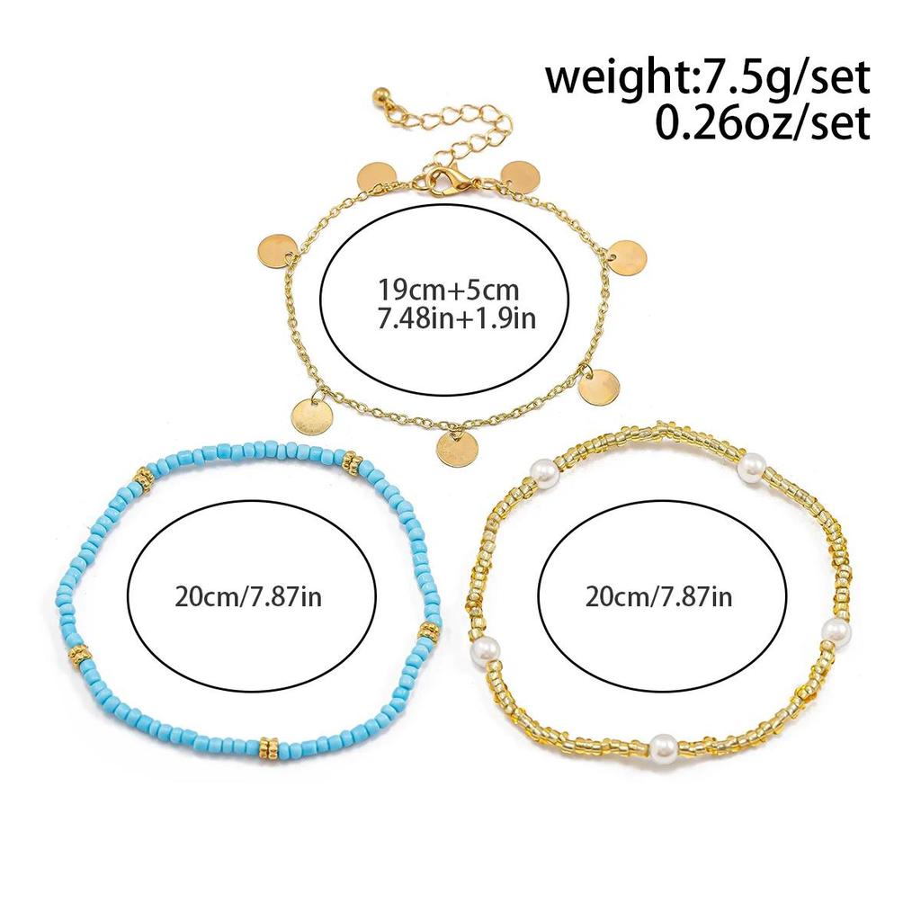 New 3Pcs/Set Kpop Boho Sequin Pendant Anklet Braclet Leg Chain Elastic Beads Link Barefoot Women Summer Jewelry Accessories