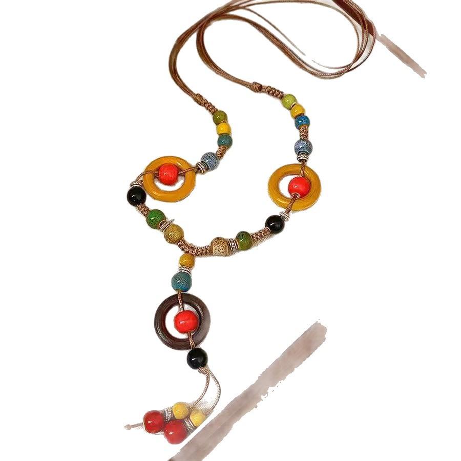 Jingdezhen imitation ceramic necklace Bohemian retro braided rope necklace long tassel style new Chinese sweater chain