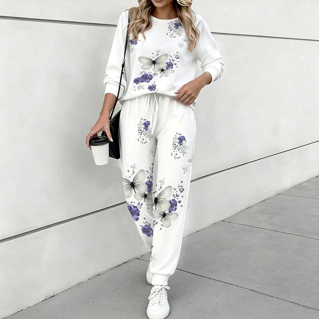 Women Floral Print Two Piece Outfit, Long Sleeve Crew Neck Top & Drawstring Jogger Pants Casual Tracksuit for Spring Autumn