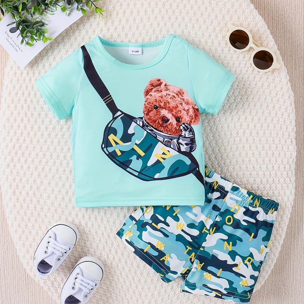 Summer Girls' Tee Trendy Preppy Kids Outfit Cute Slant Bag Bear Girls' Holiday Casual T-Shirt Set Home Pajama Set Ice Silk Set
