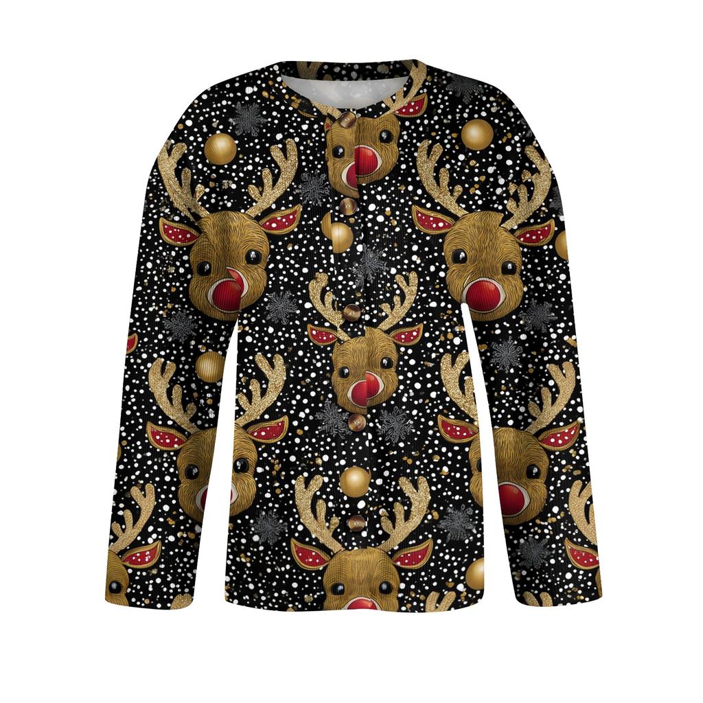 Women's Christmas Print Long Sleeve Knit Cardigan Sweater Button Front for Fall Winter