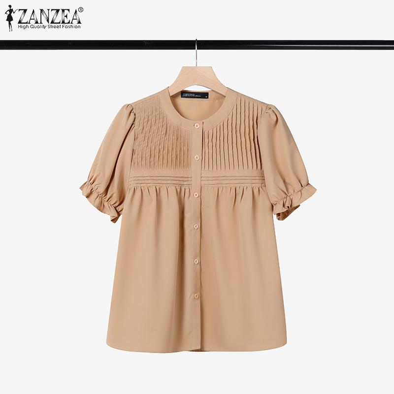 

ZANZEA Women Summer Round Neck Puff Short Sleeve Casual Blouse