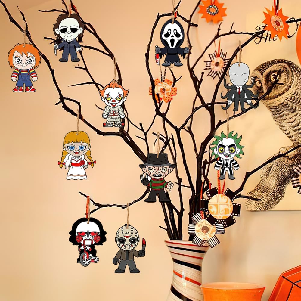 10pcs Horror Ornaments Horror Movie Gifts Horrors Decorations Wooden Hanging Ghostface Decor Spooky Ornament Creepy Ornaments Mini Tree Ornament