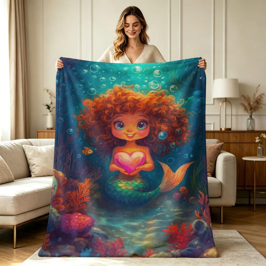 Soft Warm Flannel Blanket Cute Mermaid Heart Underwater Print All Season Blanket for Sofa Couch Bedroom Living Room Home Decor