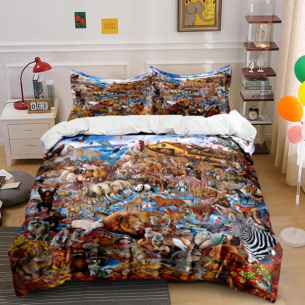 3Pcs Noah's Ark Animal Bedding Set, Colorful Jungle Animals on the Ark Print Duvet Cover + 2 Pillowcases, Kids' Biblical Decor